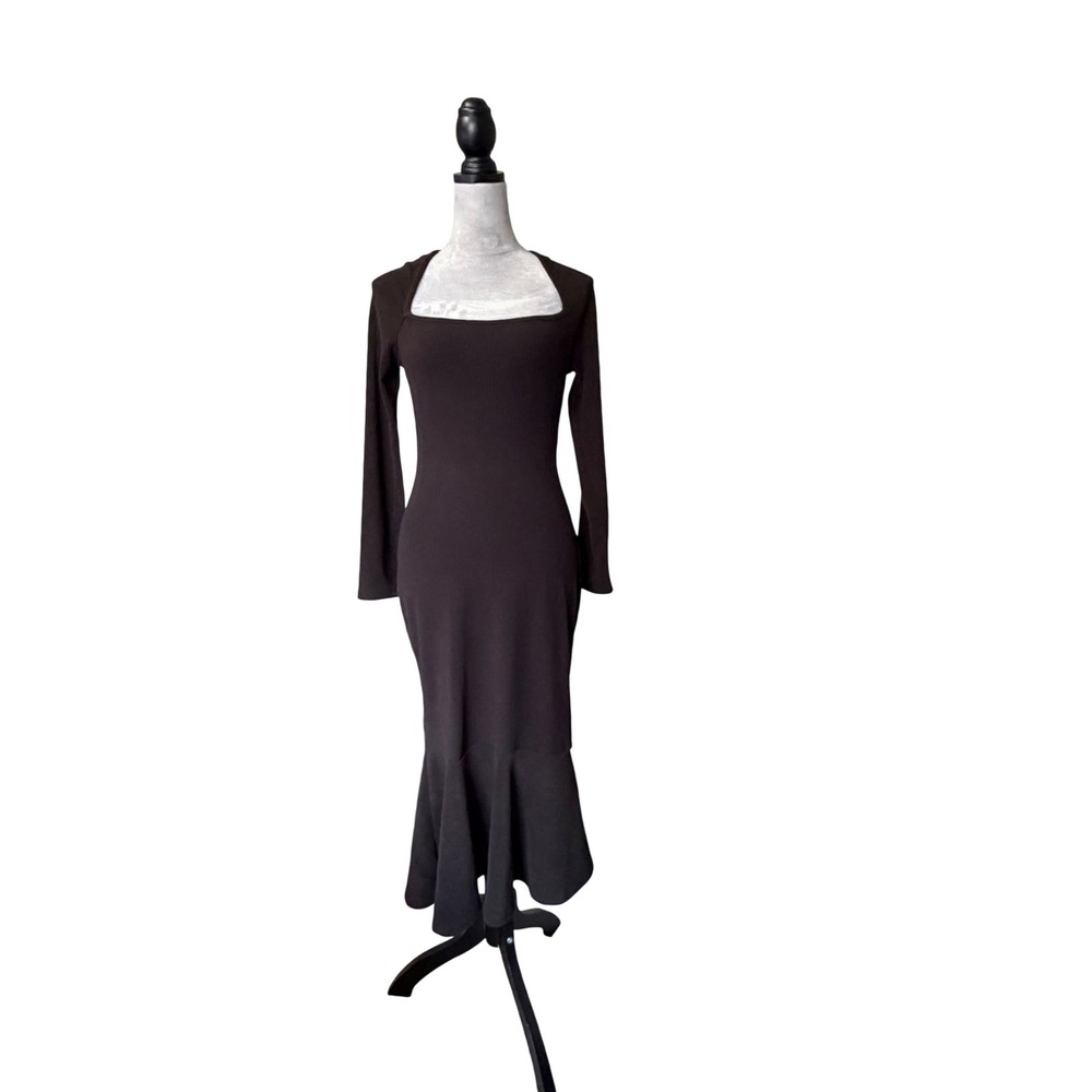 SHEIN‎ SXY Brown Ribbed Long Sleeve Mermaid Midi Dress Square Neck NWT Medium